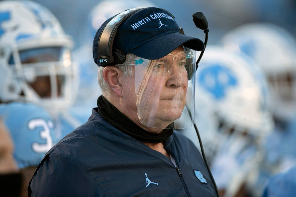 North Carolina coach Mack Brown watches his team in the first quarter against Notre Dame on Friday, November 27, 2020 at Kenan Stadium in Chapel Hill, N.C.