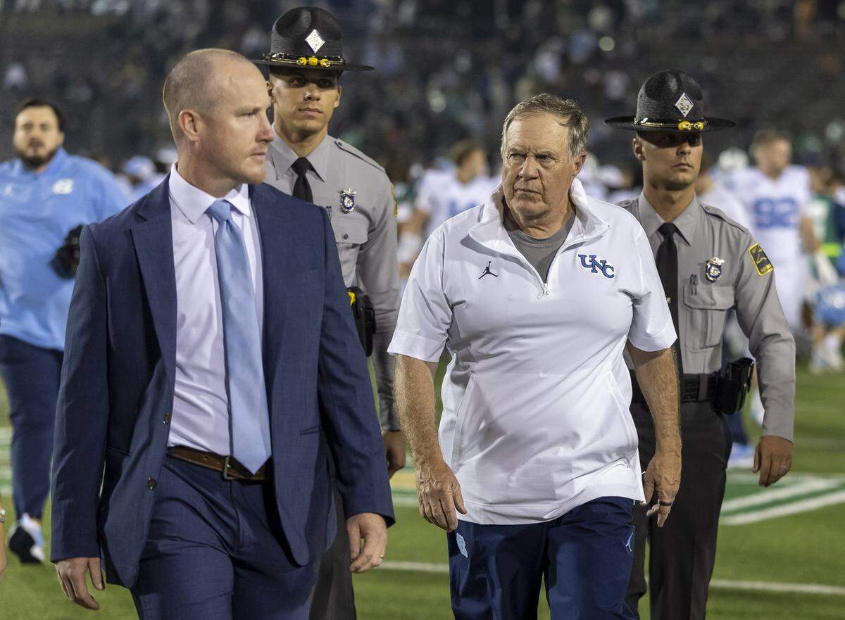 North Carolina coach Bill Belichick leaves the field following the Tar Heels’ 20-3 victory on Saturday, September 6, 2025 at Jerry Richardson Stadium in Charlotte, N.C. 