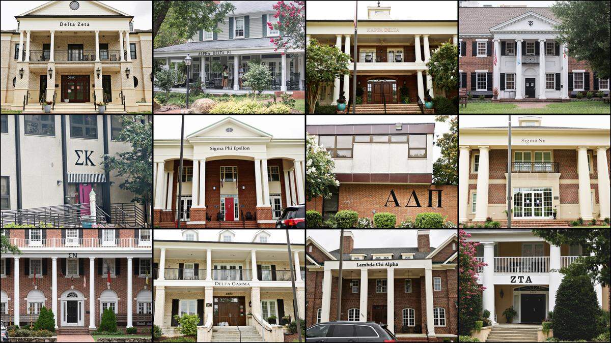 From left to right, top row: Delta Zeta house at N.C. State, Alpha Delta Pi house at UNC, Kappa Delta house at N.C. State, Zeta Psi at UNC. Second row: Sigma Kappa house at N.C. State, Sigma Phi Epsilon house at N.C. State, Alpha Delta Pi house at N.C. State, Sigma Nu house at N.C. State Bottom row: Sigma Nu house at UNC, Delta Gamma house at N.C. State, Lambda Chi Alpha house at N.C. State, Zeta Tau Alpha at N.C. State