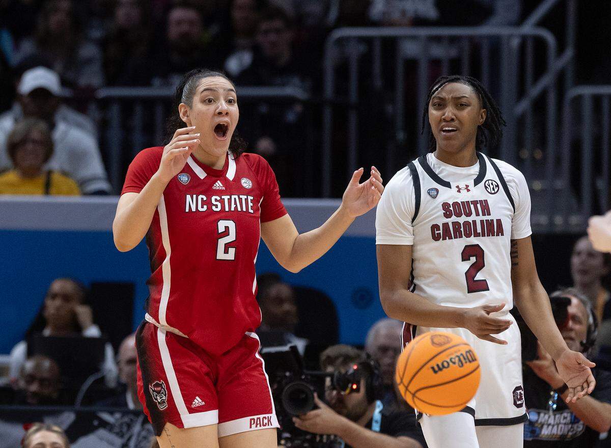 N.C. State’s Mimi Collins reacts to a call by an official during the second half of the Wolfpack’s 78-59 Final Four loss to South Carolina at Rocket Mortgage FieldHouse on Friday, April 5, 2024, in Cleveland, Ohio.