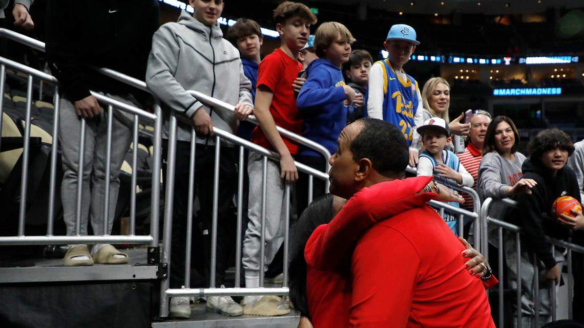 N.C. State head coach Kevin Keatts receives a hug following the Wolfpack’s 80-67 win over Texas Tech in the first round of the NCAA Tournament on Thursday, March 21, 2024, at PPG Paints Arena in Pittsburgh, Pa.