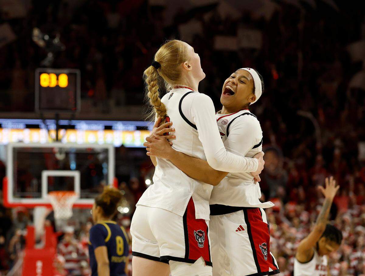 N.C. State’s Tilda Trygger and Zoe Brooks celebrate following the Wolfpack’s 104-95 double overtime win over top-ranked Notre Dame on Sunday, Feb. 23, 2025, at Reynolds Coliseum in Raleigh, N.C.