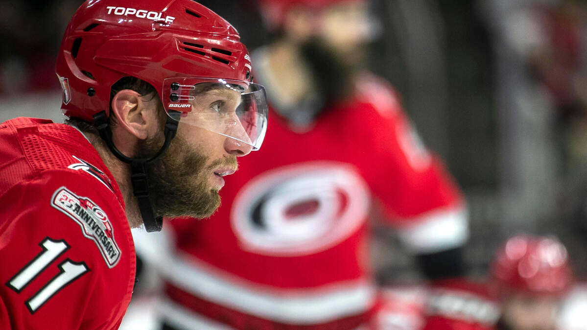 The Carolina Hurricanes Jordan Staal (11) lines up for a faceoff against the Florida Panthers during the second period of Game 1 in the Eastern Conference Finals on Thursday, May 18, 2023 at PNC Arena in Raleigh, N.C.