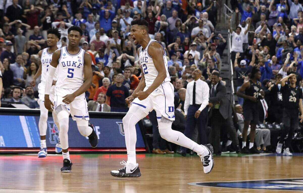 Duke’s Javin DeLaurier (12) celebrates after Duke’s 77-76 victory over UCF in the second round of the NCAA Men’s Basketball Championship in Columbia, S.C., Sunday, March 24, 2019.
