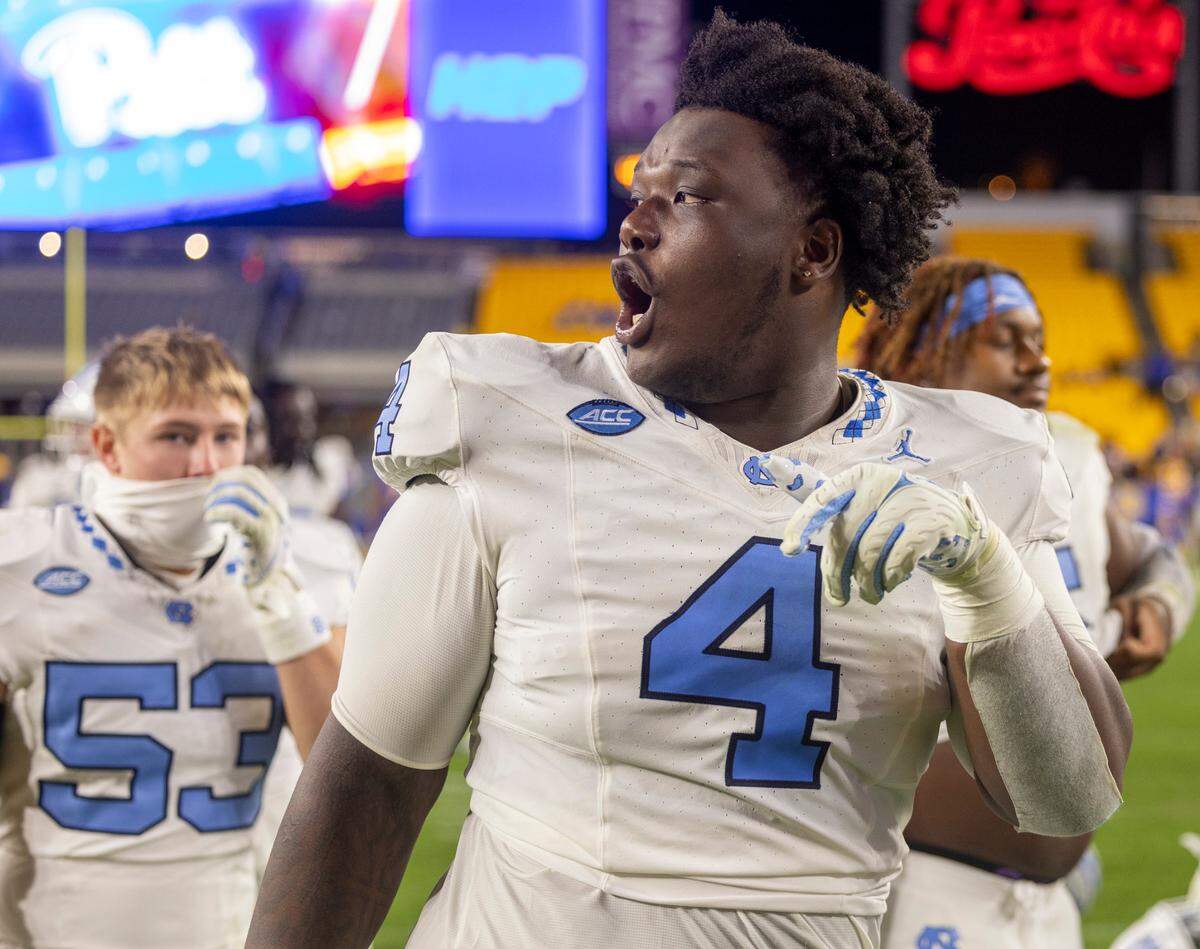 North Carolina’s Travis Shaw (4) celebrates the Tar Heels’ 41-24 victory over Pitt on Saturday, September 23, 2023 at Acrisure Stadium in Pittsburgh, Pa.