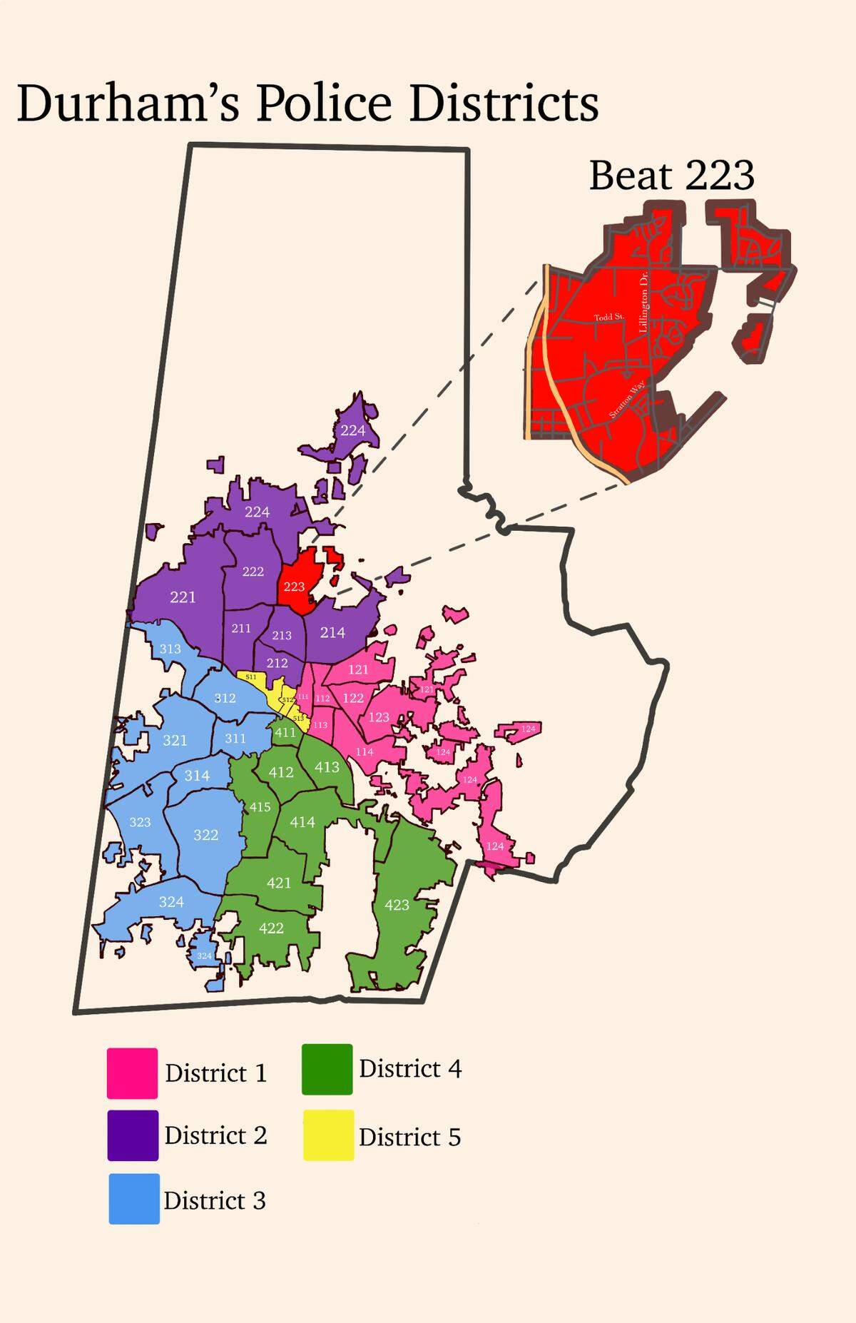 Beat 223 has seen the highest combined number of shooting incidents in the form of armed robberies, aggravated assaults and homicides among all beats in the city of Durham’s five police districts.