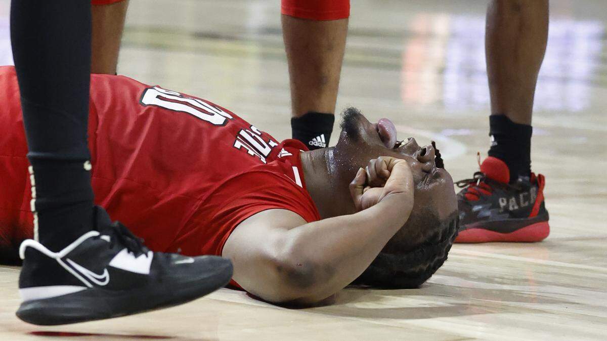 N.C. State’s D.J. Burns Jr. (30) celebrates after making the shot while being fouled during the second half of N.C. State’s 79-77 victory over Wake Forest at Joel Coliseum in Winston-Salem, N.C., Saturday, Jan. 28, 2023.