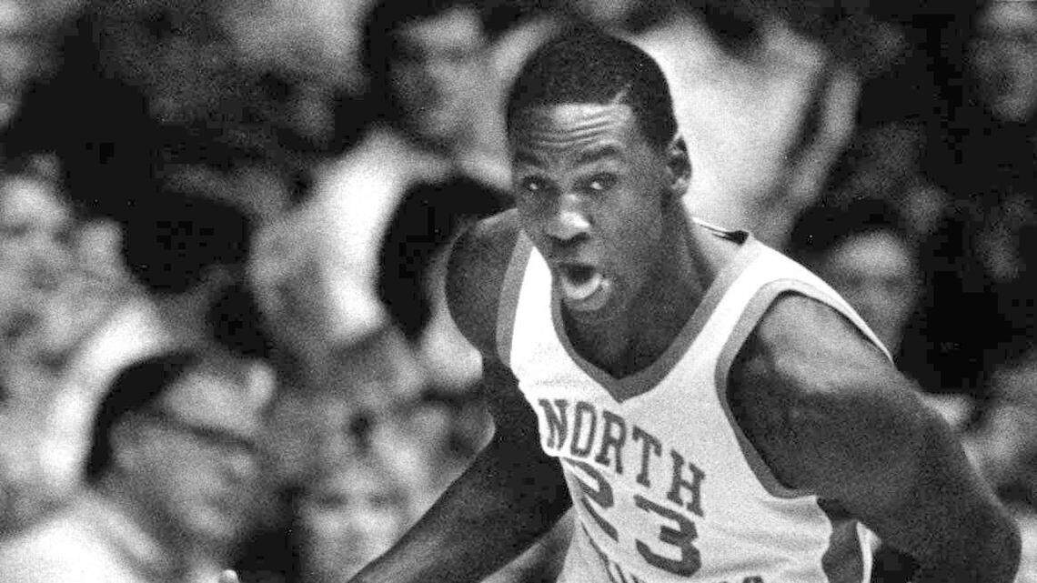 Michael Jordan heads downcourt on a break.