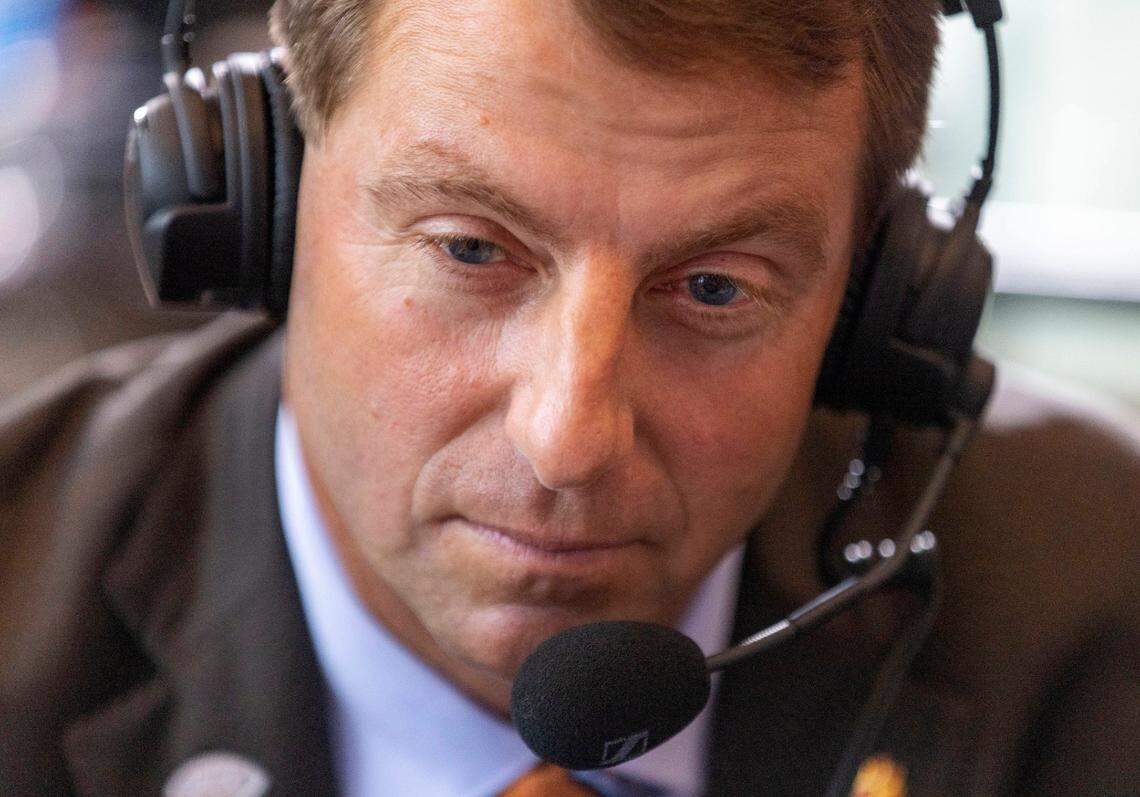 Clemson coach Dabo Swinney does a radio interview during the 2022 ACC Football Kickoff on Wednesday, July 20, 2022 in Charlotte, N.C.