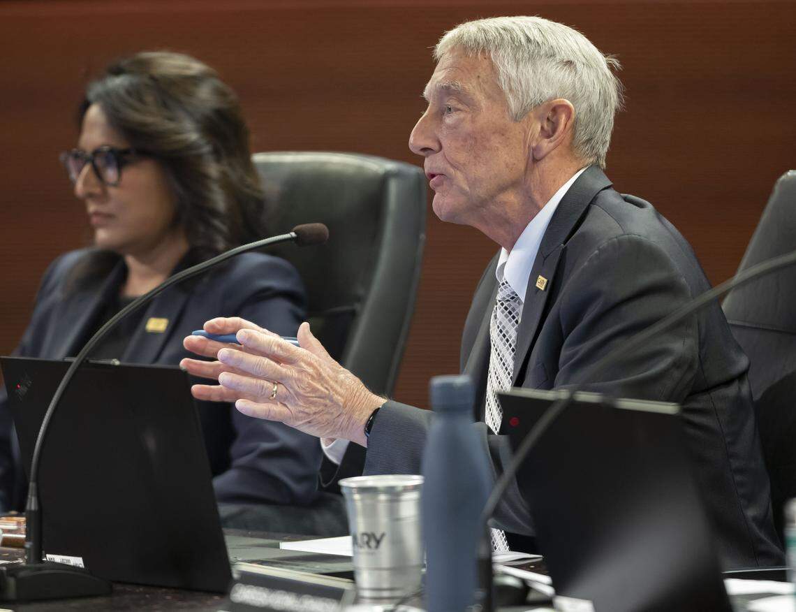 Cary Mayor Harold Weinbrecht works to maintain order in the chamber during the public hearing portion of their meeting on Thursday, January 8, 2026 in Cary, N.C. 