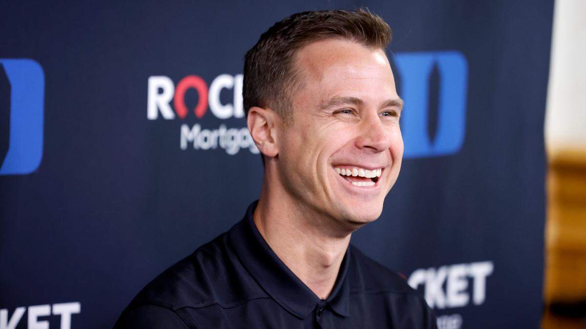 Duke head basketball coach Jon Scheyer laughs while answering questions during a media availability at Cameron Indoor Stadium in Durham, N.C., Tuesday, May 3, 2022.