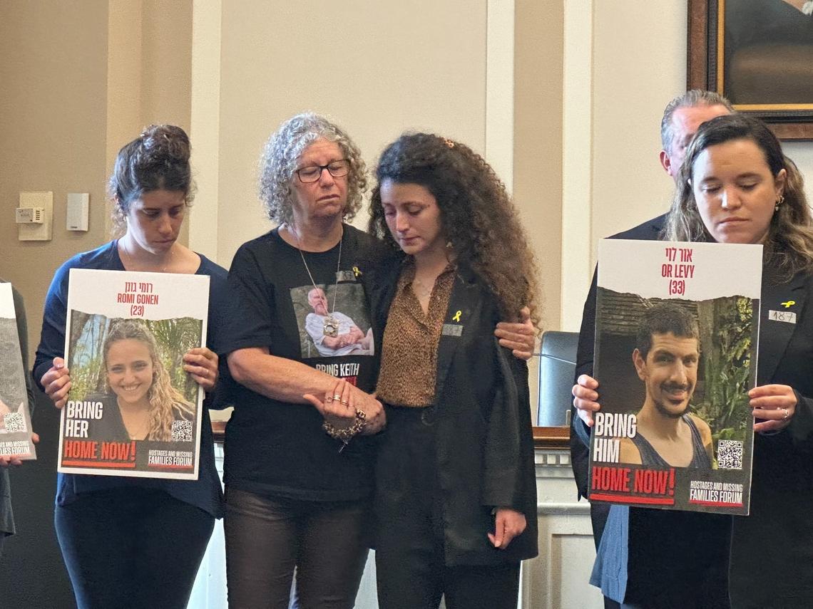 Aviva Siegel (Left) and Yarden Gonen embrace at the U.S. Capitol after speaking about the horrors their families have lived through since Siegel and her husband, Keith, and Gonen’s sister Romi, were captured, on Oct. 7, 2023, by Hamas.