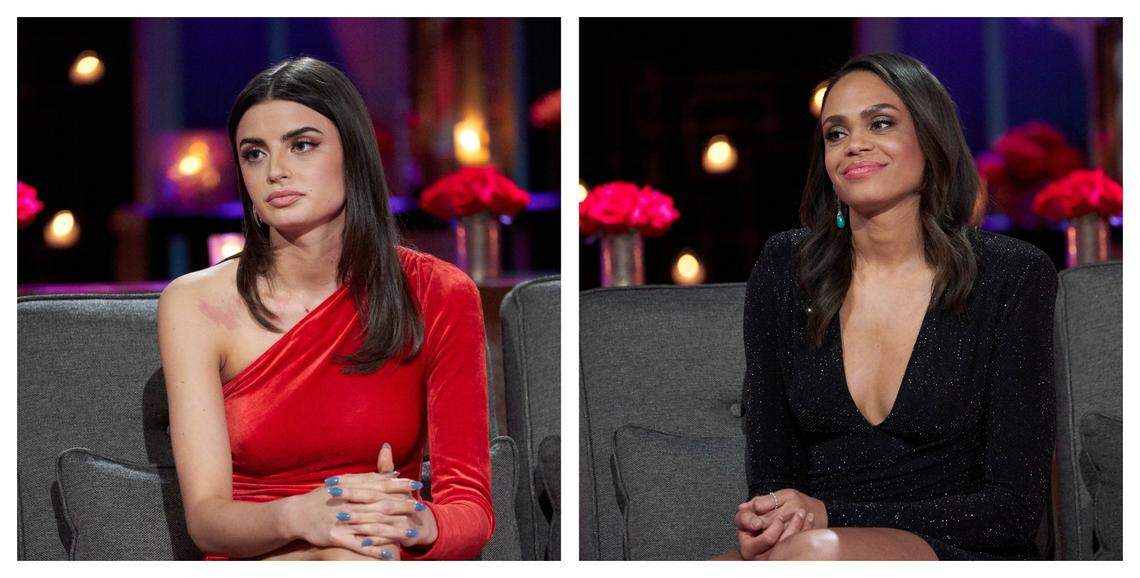 Rachael Kirkconnell, left, and Michelle Young during the “After the Final Rose” special from the Matt James season of “The Bachelor” on ABC.