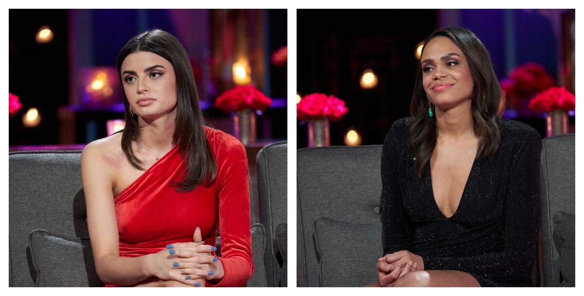 Rachael Kirkconnell, left, and Michelle Young during the “After the Final Rose” special from the Matt James season of “The Bachelor” on ABC.