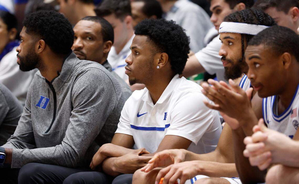 Duke’s Jeremy Roach watches from the bench during Duke’s 82-55 victory over Maryland-Eastern Shore at Cameron Indoor Stadium in Durham, N.C., Saturday, Dec. 10, 2022.