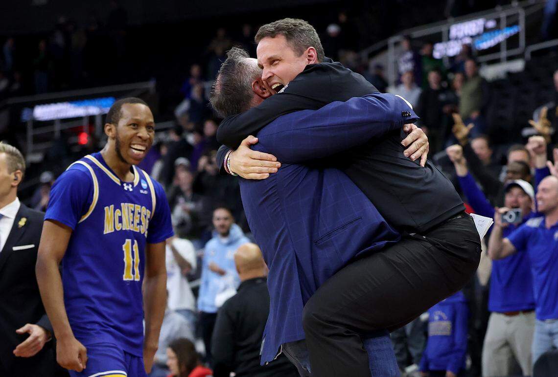 Head coach Will Wade of the McNeese State Cowboys celebrates after defeating the Clemson Tigers in the first round of the NCAA Men's Basketball Tournament at Providence, Rhode Island in March 2025.