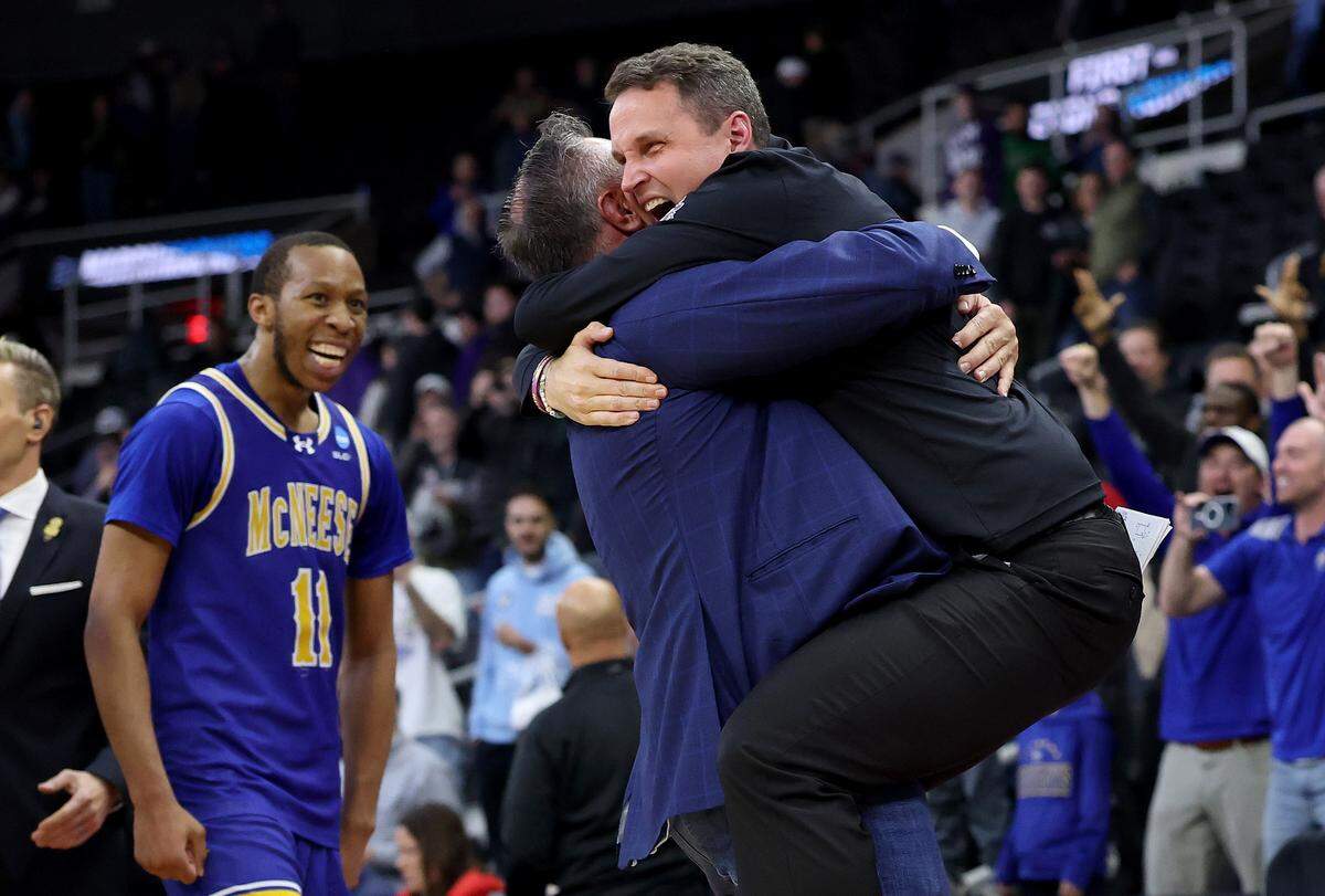 Head coach Will Wade of the McNeese State Cowboys celebrates after defeating the Clemson Tigers in the first round of the NCAA men's basketball tournament at Providence, Rhode Island in March 2025.