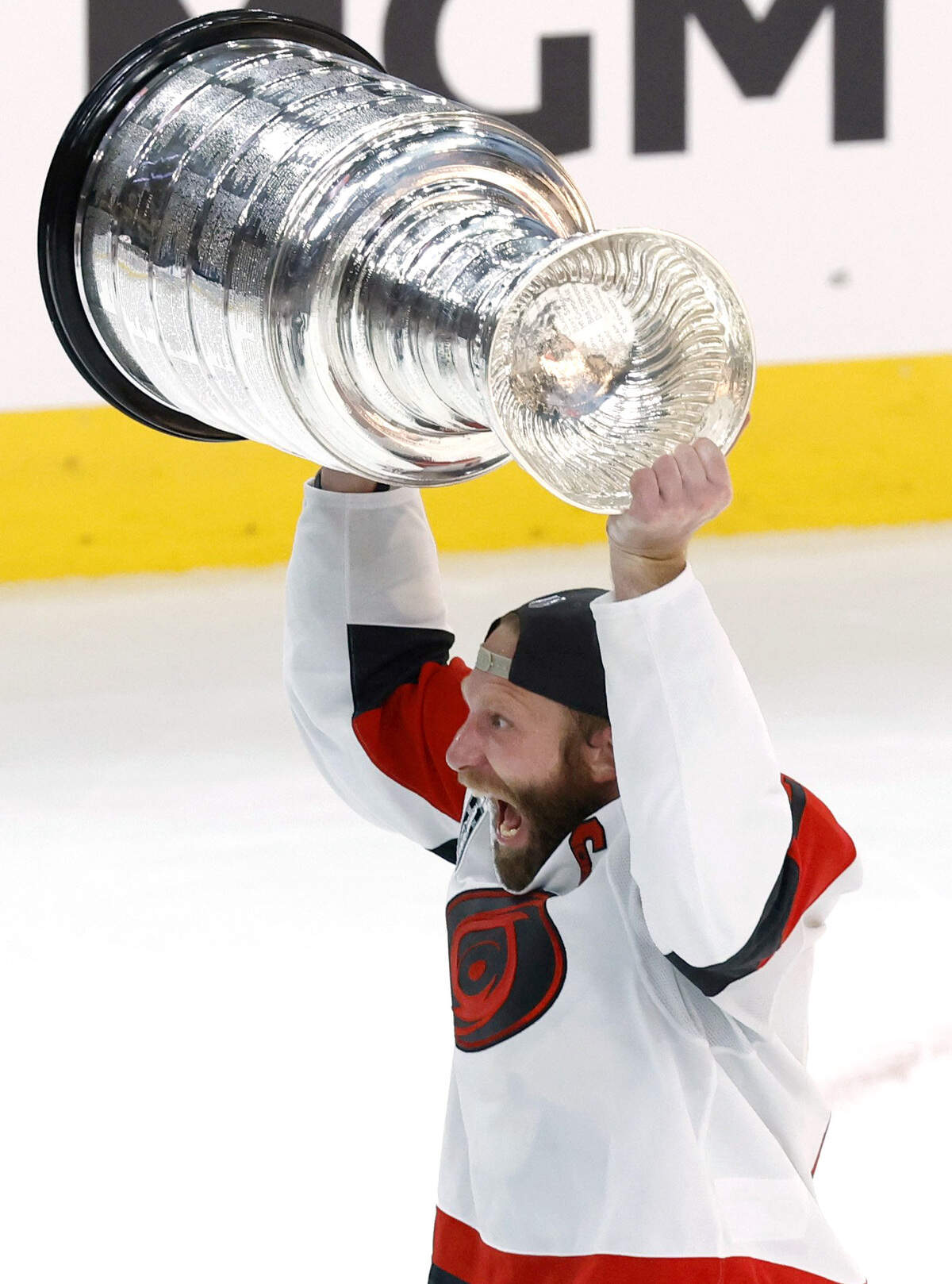 Carolina's Jordan Staal (11) raises the Cup after Hurricanes’ 3-0 victory over the Vegas Golden Knights to win the Stanley Cup at T-Mobile Arena in Las Vegas, Nev., Sunday, June 14, 2026.