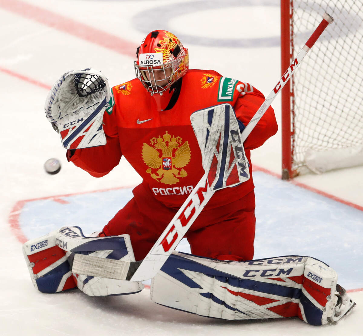 Russia’s goaltender Yaroslav Askarov makes a save during the U20 Ice Hockey Worlds semifinal match between Sweden and Russia in Ostrava, Czech Republic, Saturday, Jan. 4, 2020. (AP Photo/Petr David Josek)