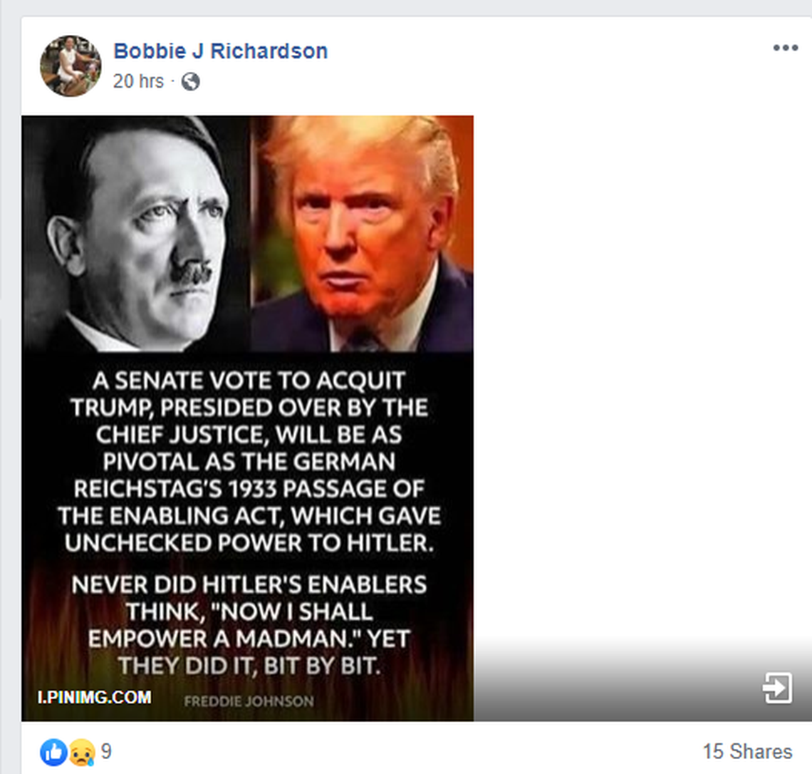 A screenshot of a Facebook post by Bobbie Richardson, the First Vice Chair of the N.C. Democratic Party. Richardson posted this on Feb. 6, 2020, the day after Republicans in the Senate voted against removing President Donald Trump from office following his impeachment.