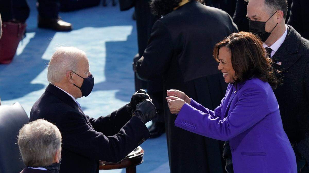 President Joe Biden congratulates Vice President Kamala Harris after she was sworn in during the Jan. 20 inauguration.
