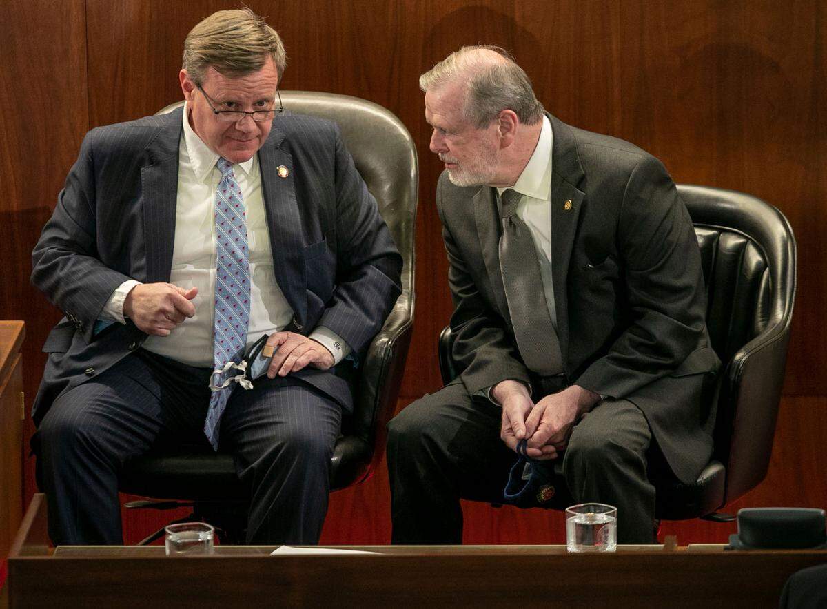 House Speaker Tim Moore and Senator Phil Berger head the Republican-led N.C. General Assembly. They are pictured here in April 2021 during Gov. Roy Cooper’s state of the state address.