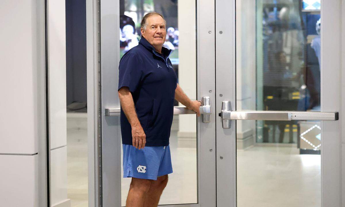 North Carolina football coach Bill Belichick heads back after speaking a press conference at the Kenan Football Center in Chapel Hill, N.C., Tuesday, June 10, 2025.