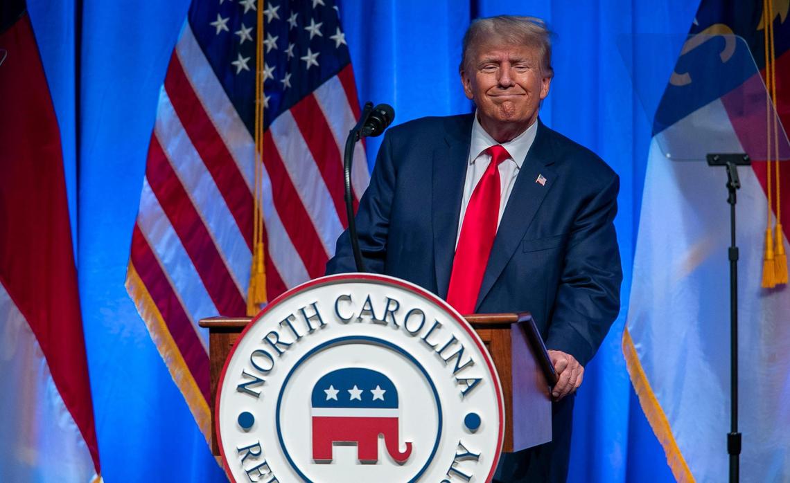 Former President Donald Trump flashes a smile at the conclusion of his address to the North Carolina Republican Party Convention at the Koury Convention Center on Saturday, June 10, 2023 in Greensboro, N.C.
