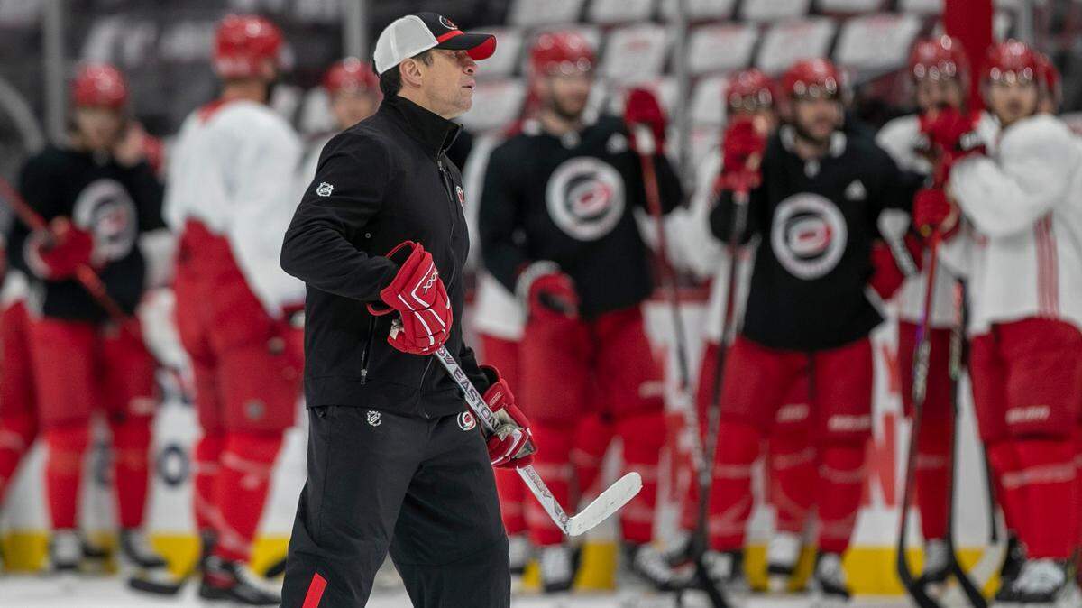 Carolina Hurricanes coach Rod Brind’Amour works with his team during their morning skate on Wednesday, May 24, 2023, ahead of Game 4 of the Eastern Conference Finals against the Florida Panthers, at FLA Live Arena in Sunrise, Fla.