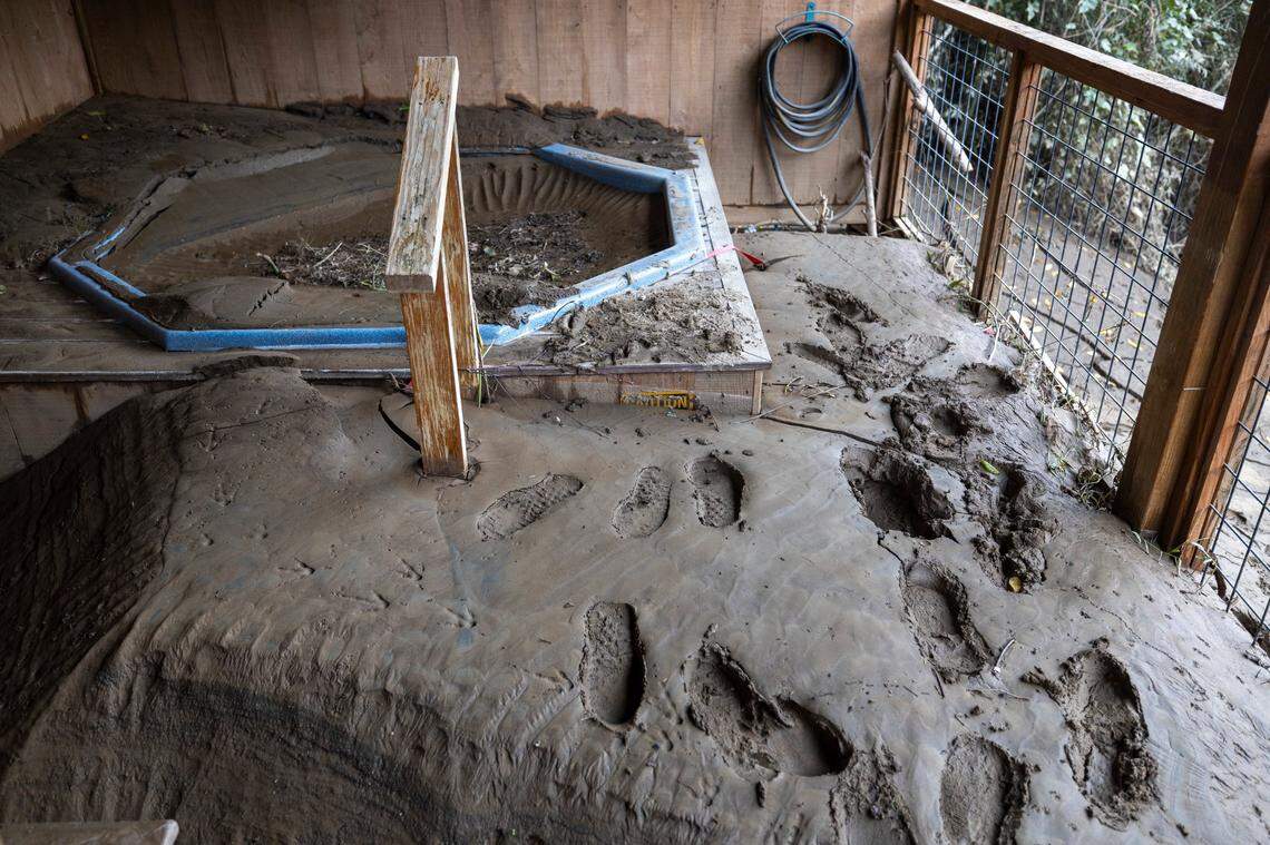 One of the hot tubs at the at Hot Springs Resort And Spa is filled to mud on Friday, October 4, 2024 after Spring Creek and the French Board River flooded the resort in the wake of Hurricane Helene. Several of the hots tubs were washed away in the flood.