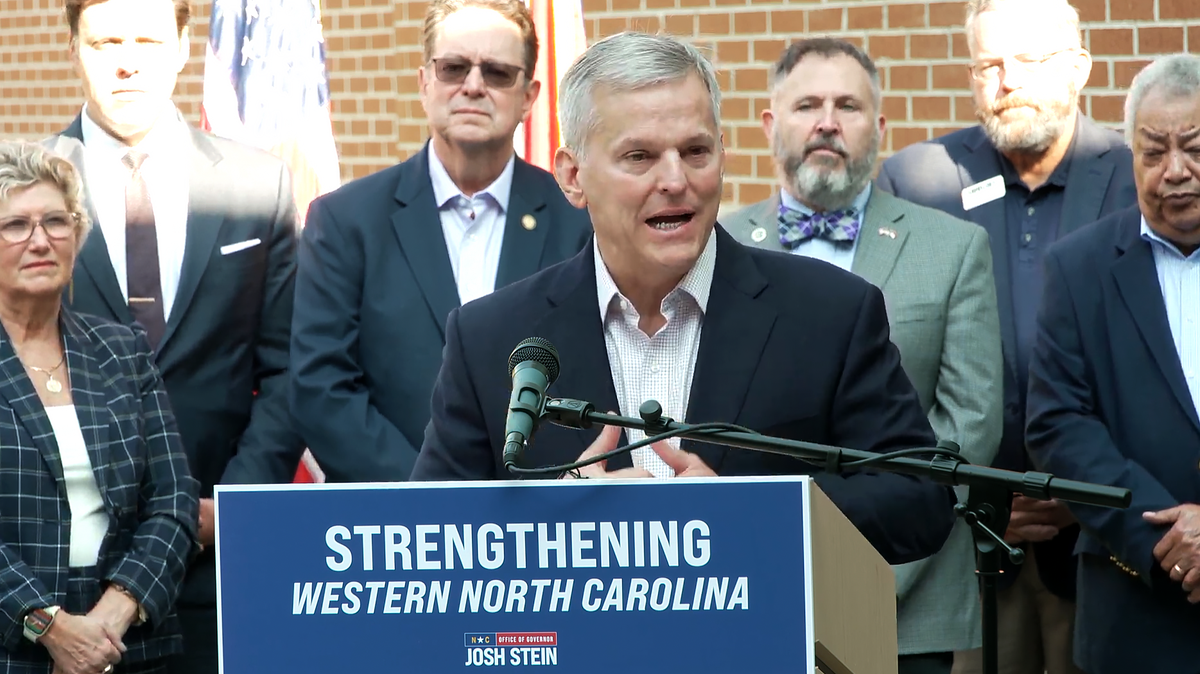 North Carolina Gov. Josh Stein calls for more federal funding for Helene recovery in a news conference on Sept. 15, 2025.