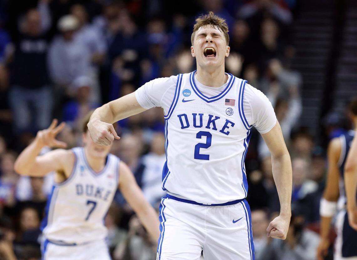 Duke’s Cooper Flagg (2) reacts after making a basket as time expires in the first half of Duke’s game against Arizona in the Sweet 16 round of the 2025 Men’s NCAA Basketball Championship at the Prudential Center in Newark, N.J., Thursday, March 27, 2025.