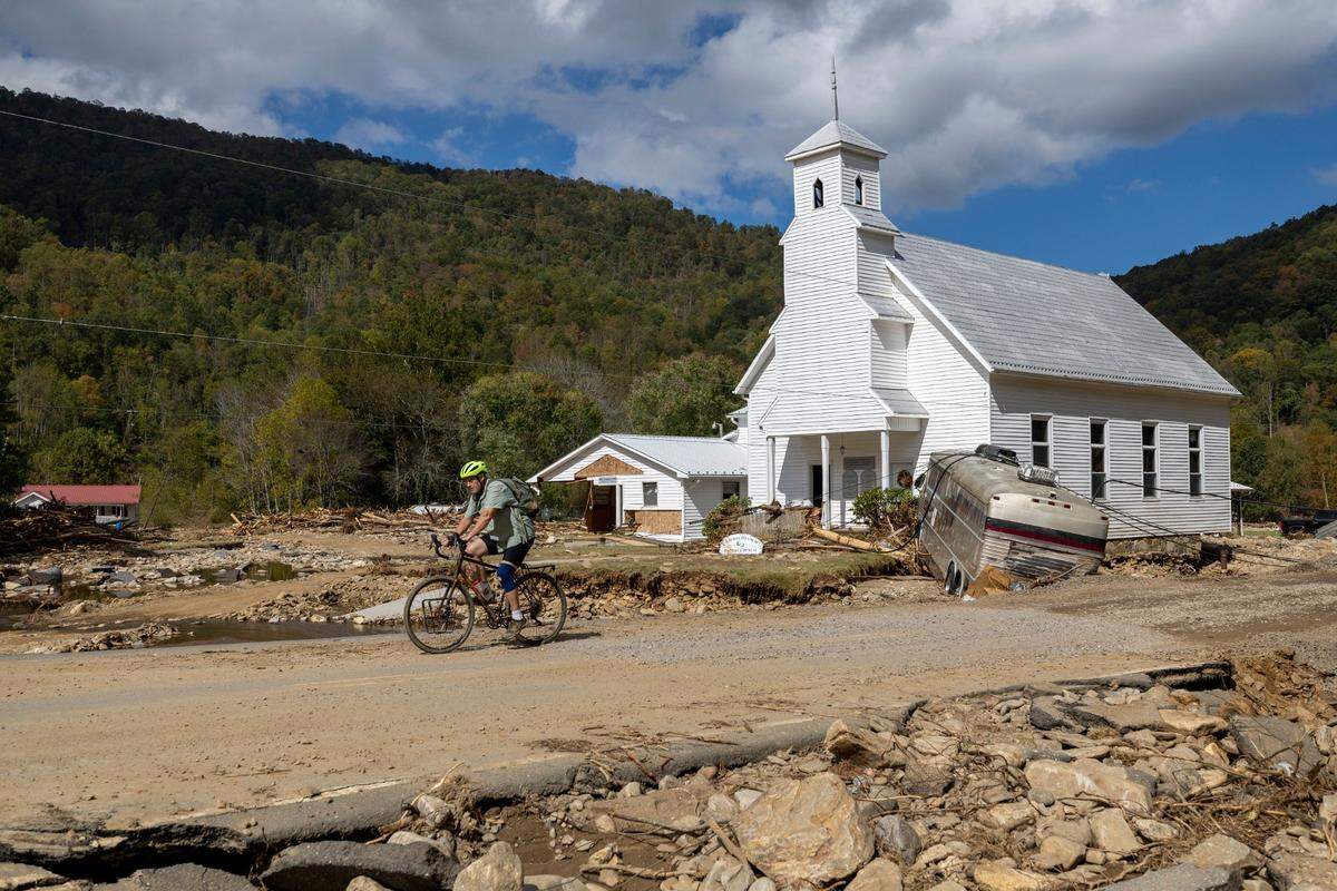 The Laurel Branch Baptist Church, on Thursday, October 3, 2024, in the Yancey County community of Pensacola, N.C. suffered heavy damage after Cane Creek and Cattail Creek flooded the community during Hurricane Helene.