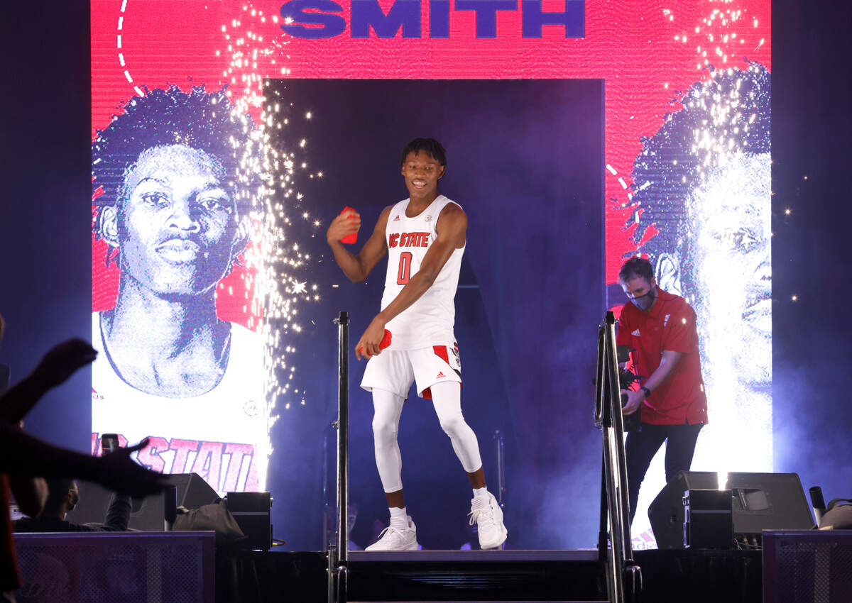 N.C. State’s Terquavion Smith is introduced during the Primetime with the Pack event at Reynolds Coliseum in Raleigh, N.C., Thursday, October 14, 2021.