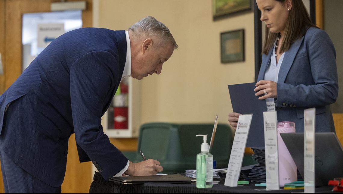 Former Republican National Committee Chair Michael Whatley files to run for North Carolina’s U.S. Senate on Tuesday, Dec. 2, 2025, at the State Fairgrounds in Raleigh. U.S. Sen. Thom Tillis, a Republican, has said he will not seek another term and former Gov. Roy Cooper has announced he will run as a Democratic candidate, making North Carolina’s 2026 U.S. Senate race one of the nation’s most closely watched contests.