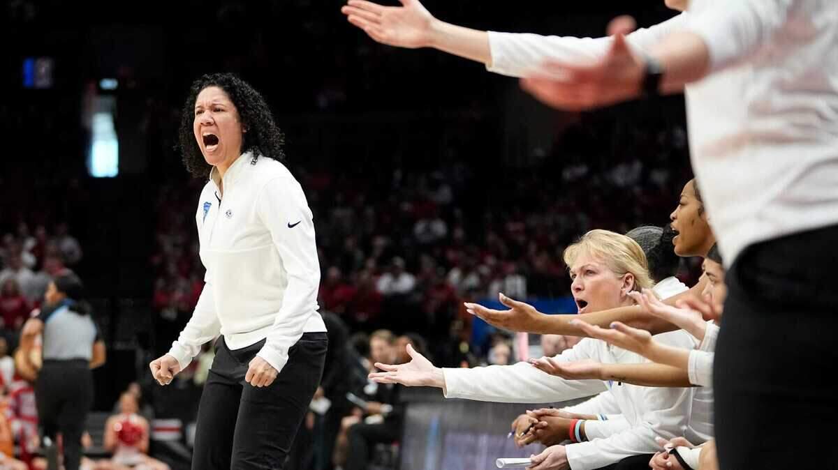 Mar 24, 2024; Columbus, OH, USA; Duke Blue Devils head coach Kara Lawson reacts during the first half of the women’s NCAA Tournament second round against the Ohio State Buckeyes at Value City Arena.