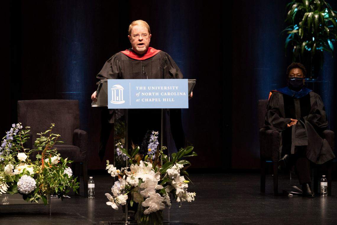 Peter Hans, President of the University of North Carolina System, brings greetings as Kevin M. Guskiewicz is installed as the 12th Chancellor of the University of North Carolina at Chapel Hill during a ceremony held at Memorial Hall. October 11, 2020.