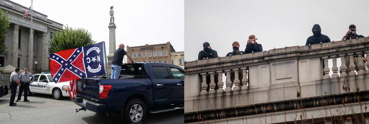 Left: A man flying a Confederate flag sits in front of of the Alamance County Historic Courthouse in Graham, N.C. during a county-wide “Trump Ride” event on Sept. 19, 2020. Right: Alamance County sheriff’s deputies watch from the rooftop of the historic courthouse in Graham, N.C. as Black Lives Matter protesters gather for a rally on Nov. 29, 2020.