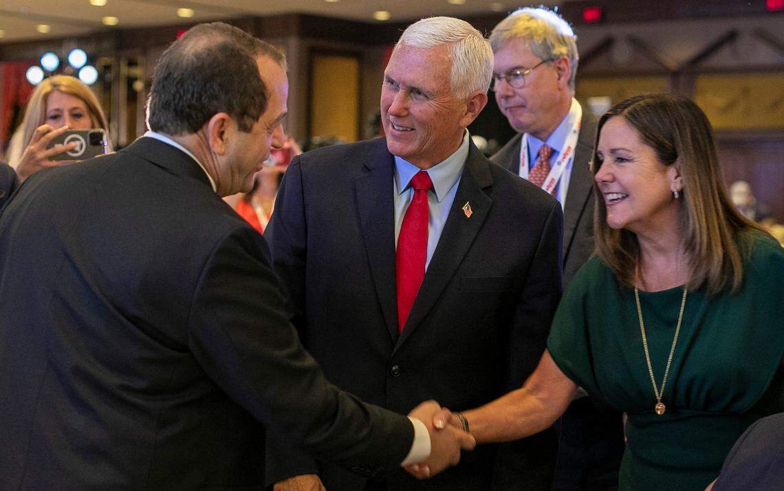 North Carolina Senator Michael Lazzara of Onslow County, shakes hands with Karen Pence as she and her husband former Vice President Mike Pence work the crowd prior to his address to the North Carolina Republican Party Convention at the Koury Convention Center on Saturday, June 10, 2023 in Greensboro, N.C.