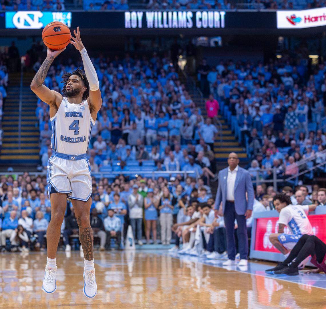 North Carolina’s R.J. Davis (4) launches a three-point shot in the first half against North Carolina on Saturday, December 2, 2023 at the Smith Center in Chapel Hill, N.C.