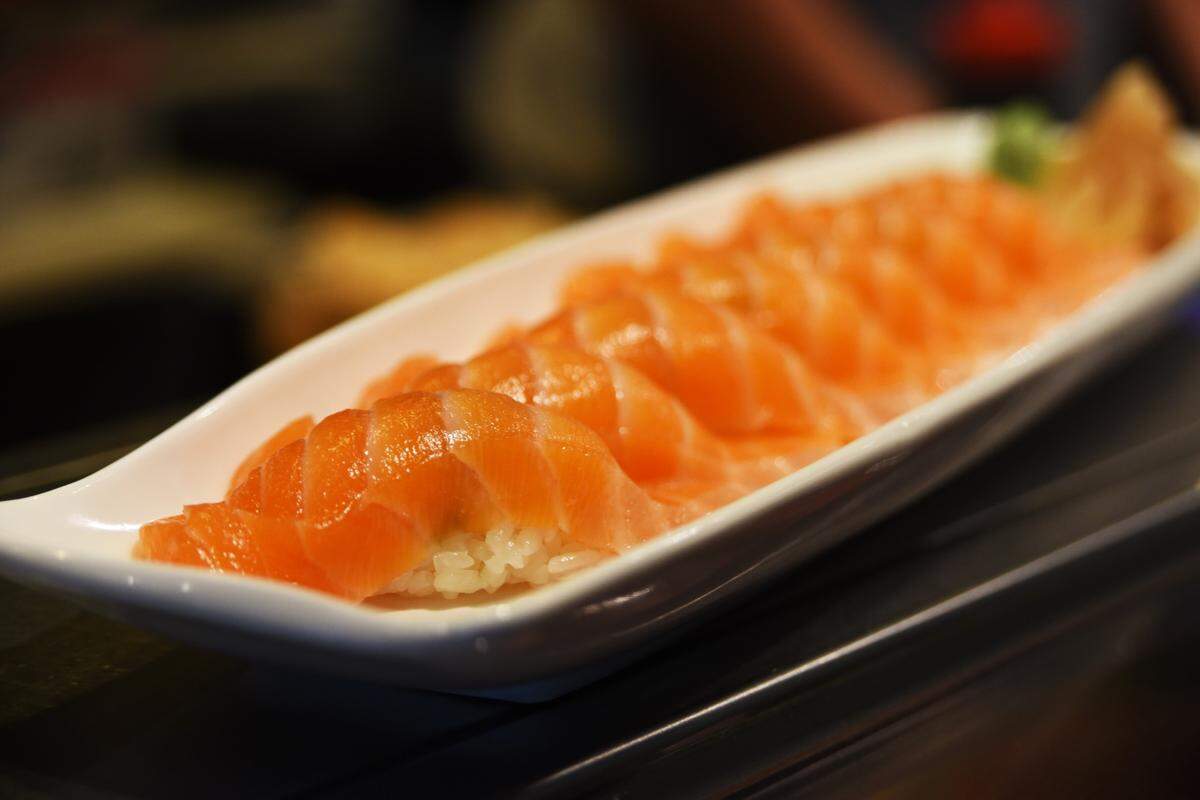 A plate of salmon nigiri at Waraji Japanese Restaurant in Raleigh, one of the Triangle’s top sushi bars.
