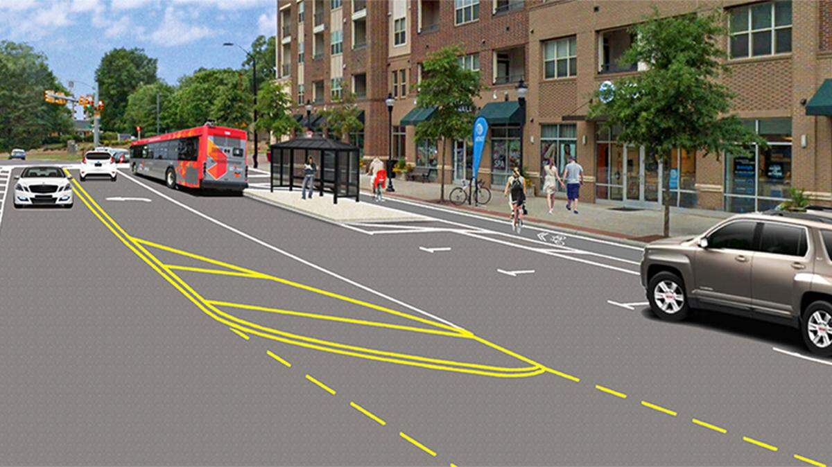 A rendering of what Oberlin Road will look like next year near Clark Avenue. The bike lane on the right will be between the parked cars and the curb, an unusual design for Raleigh.