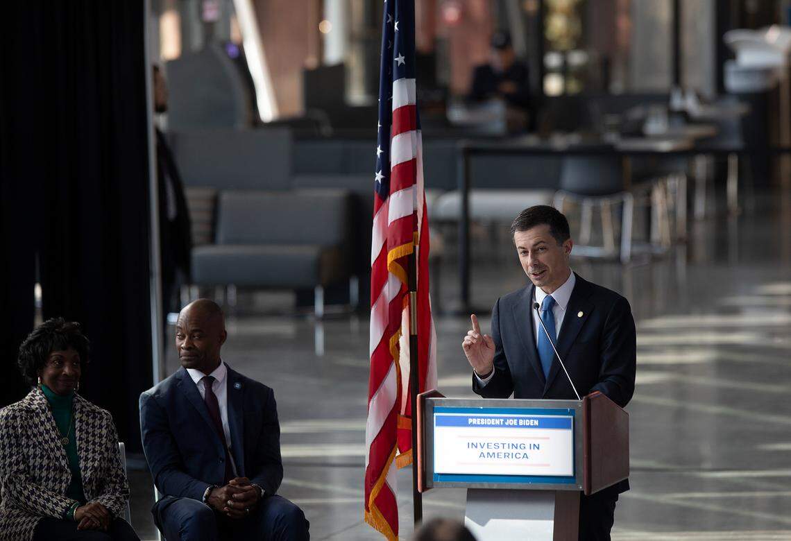 U.S. Transportation Secretary Pete Buttigieg recognizes the work of U.S. Rep. Valerie Foushee during an event at Raleigh Union Station on Monday, Dec. 11, 2023, to celebrate construction of the first leg of a high-speed rail line between the Triangle and Richmond, Va.