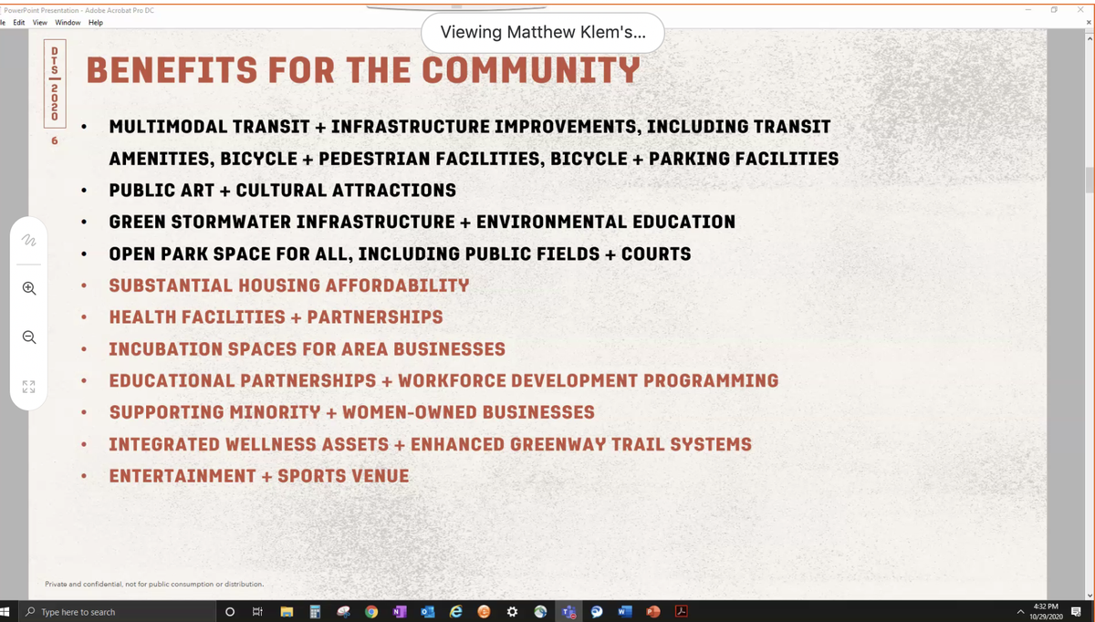 A list produced by developers that includes potential community benefits from the Downtown South project’s development, with items colored in black being provided through the project’s rezoning request with the city of Raleigh and items colored in red being provided from public funds.