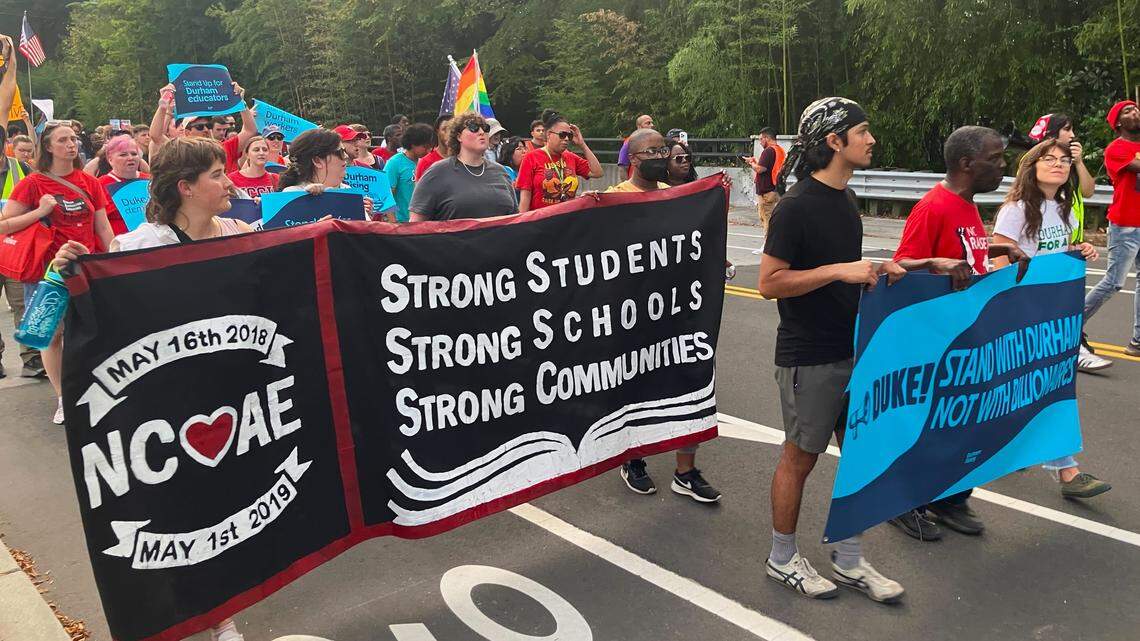 Members of the Durham community marched and took part in a rally Sept. 25, 2025, organized by the Durham Rising coalition, near the Duke University campus. Participants called upon Duke’s administration to invest more into the city and families as well as raise pay for Duke workers.