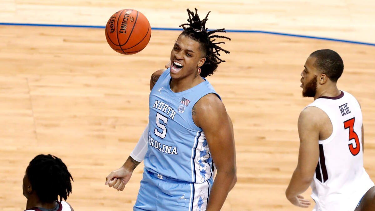 North Carolina’s Armando Bacot (5) celebrates after making the basket during UNC’s victory over Virginia Tech in the ACC Men’s Basketball Tournament on March 11, 2021. Jimmy’s Famous Seafood, a restaurant in Baltimore, Maryland, announced on Twitter on Thursday, July 1, 2021, that “the first EVER Jimmy’s-endorsed college athlete” was Armando Bacot.