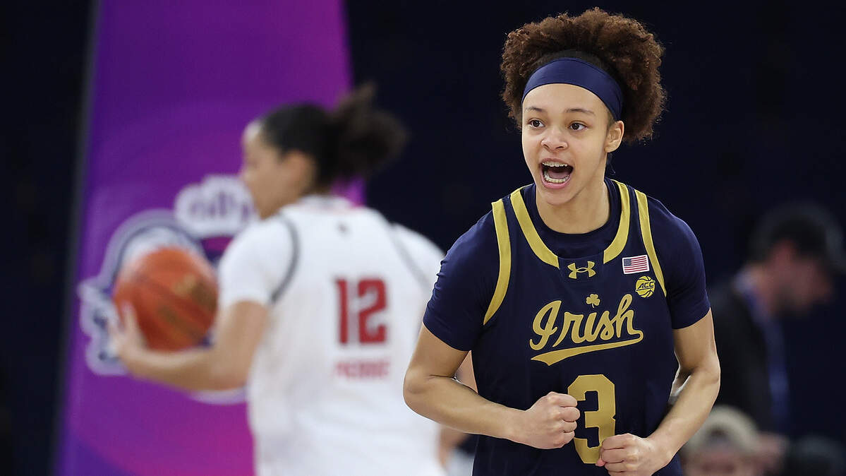 Hannah Hidalgo of the Notre Dame Fighting Irish celebrates after a basket against the NC State Wolfpack during the first quarter of the teams’ ACC Women’s Tournament quarterfinal at Gas South Arena on March 6, 2026 in Duluth, Georgia.