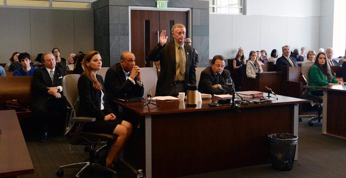 Michael Peterson takes the oath as he entered the highly anticipated plea on Friday that resolves the murder charge that has lingered in his life for 15 years. Through an Alford plea in which the Durham novelist refused to admit guilt, Peterson pleaded guilty to a manslaughter charge that will allow him to walk out of Durham County Superior Court a free man. at the Durham County Courthouse, in Durham, N.C. Friday, Feb. 24, 2017.