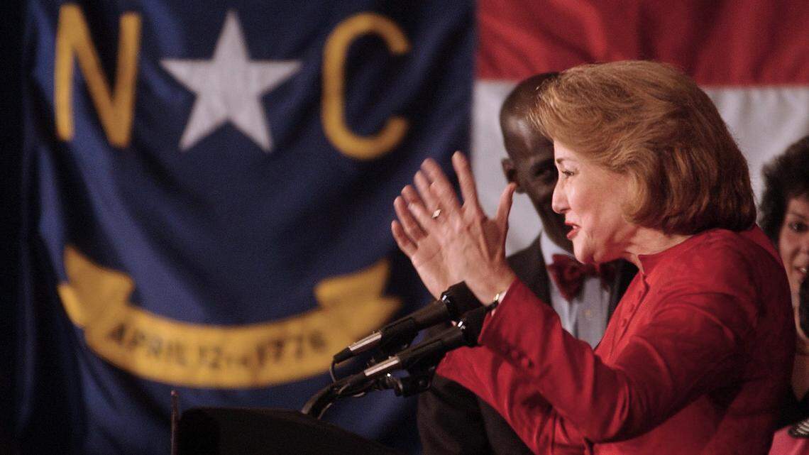 DOLE6.NE.110502.CEL--SALISBURY,NC--11/05/02--Senator candidate Elizabeth Dole celebrates her win in Salisbury Tuesday night as she becomes the first woman from North Carolina to win a Senate seat.STAFF PHOTO:CHUCK LIDDY