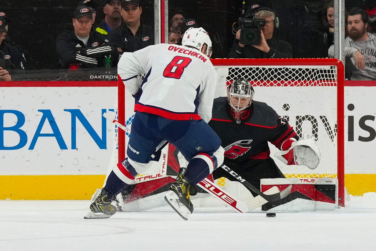 Carolina Hurricanes goaltender Frederik Andersen (31) gets ready to stop Washington Capitals left wing Alex Ovechkin (8) on his shot attempt at PNC Arena.